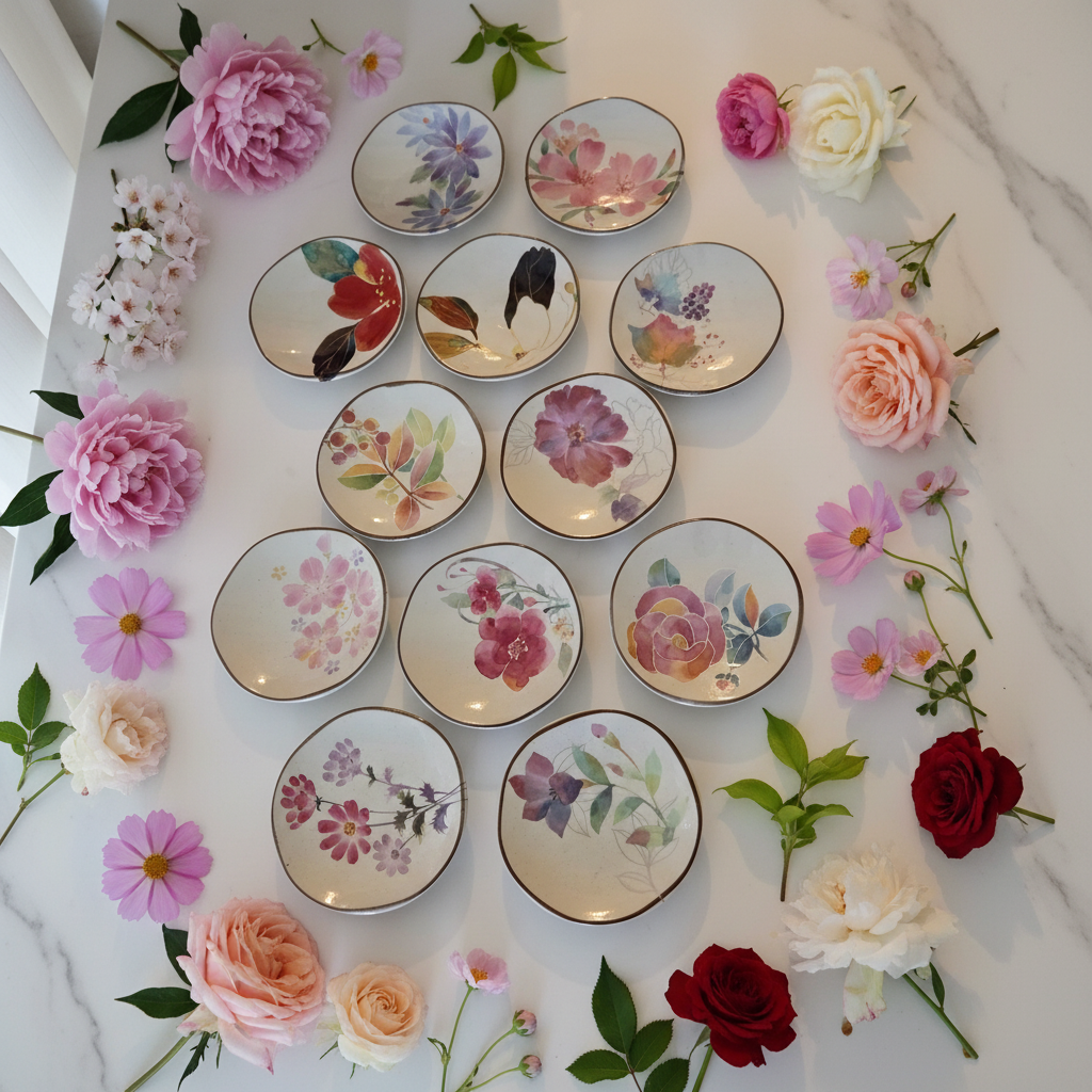 12 mini assiettes Mamezara dans un cadre floral