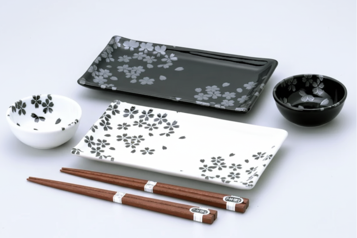 Coffret assortiment Service pour 2 – Sakura Noir & Blanc - Minoyaki Japon