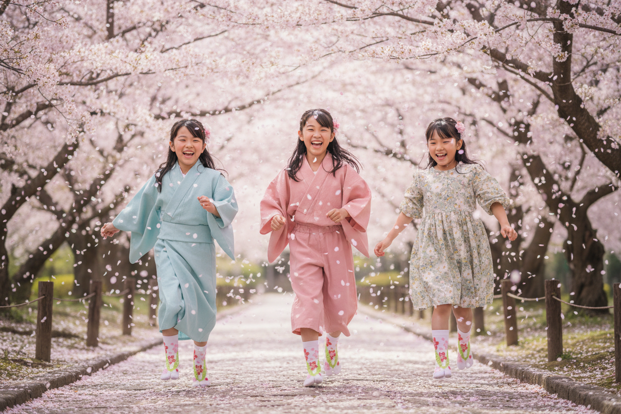 Chaussettes tabi Sakura Blanc - Filles courant sous la pluie de sakura