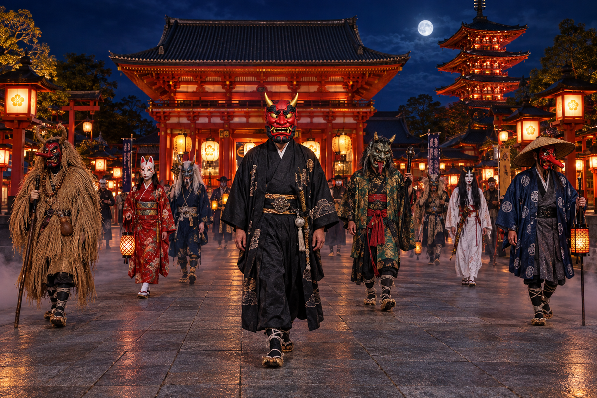 Défilé nocturne de démons japonais, personnages en entier et arrière-plan net