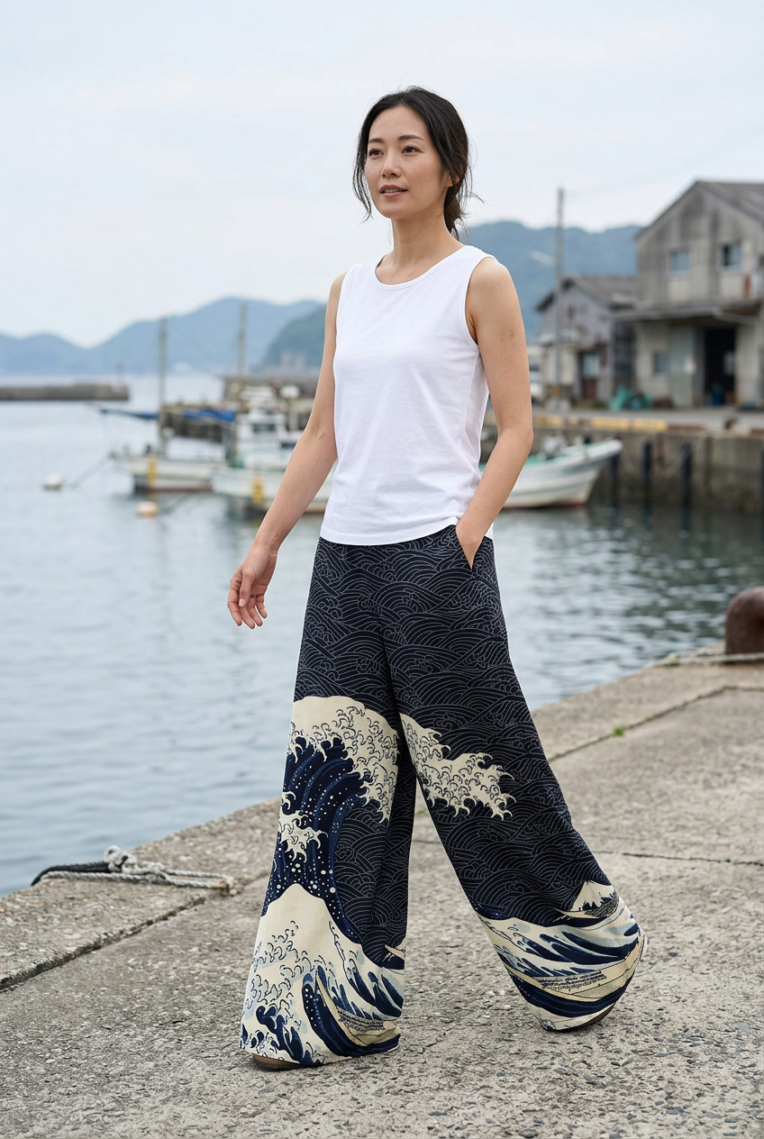 Jeune femme sur un port portant le pantalon bleu à vagues, aux jambes larges et libres