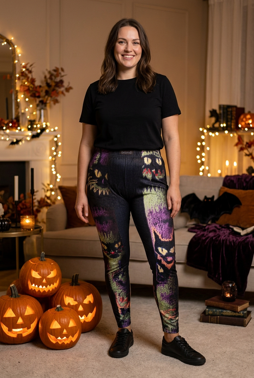 Legging à motifs chats porté dans une ambiance Halloween chaleureuse