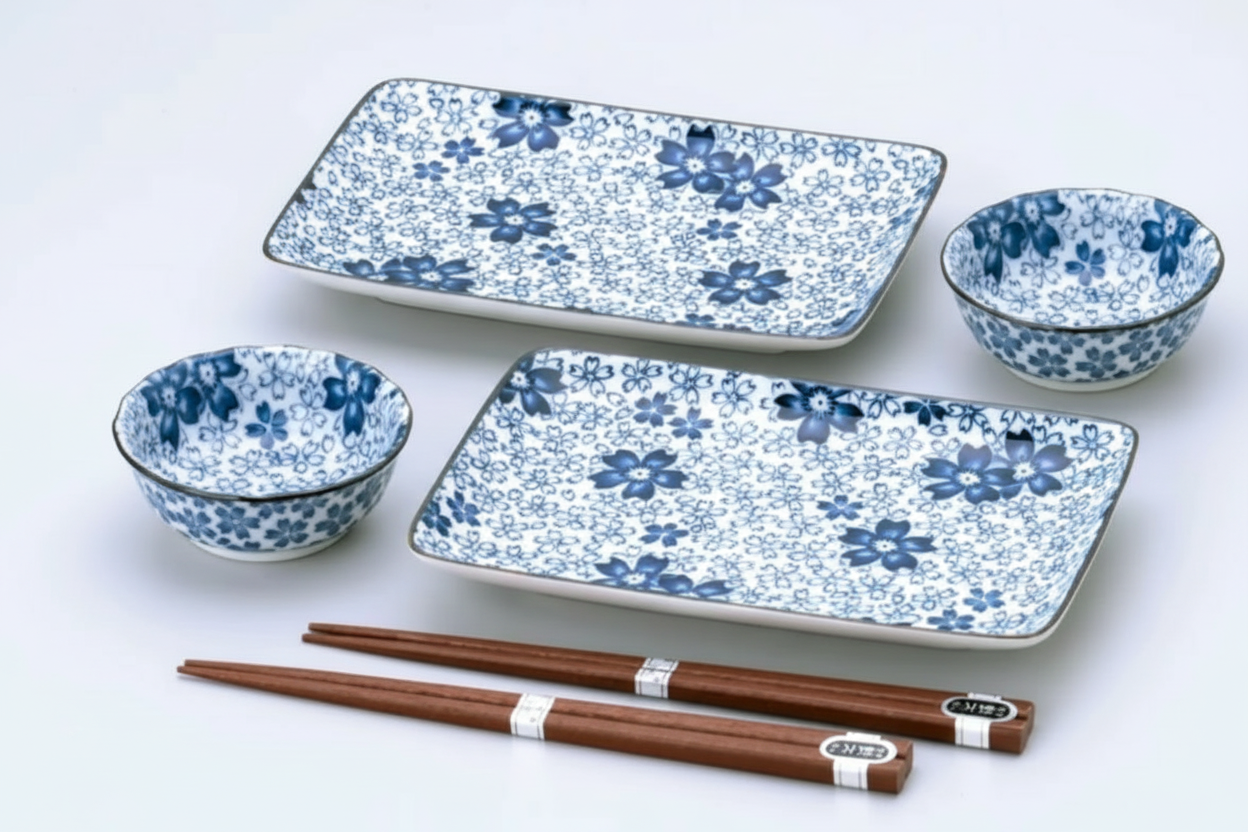 Coffret assortiment Service pour 2 - Sakura Bleue - Minoyaki Japon