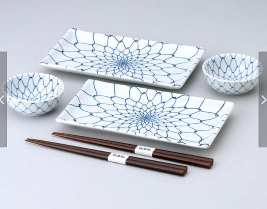 Coffret assortiment Service pour 2 - Chrysanthème Bleue - Minoyaki Japon