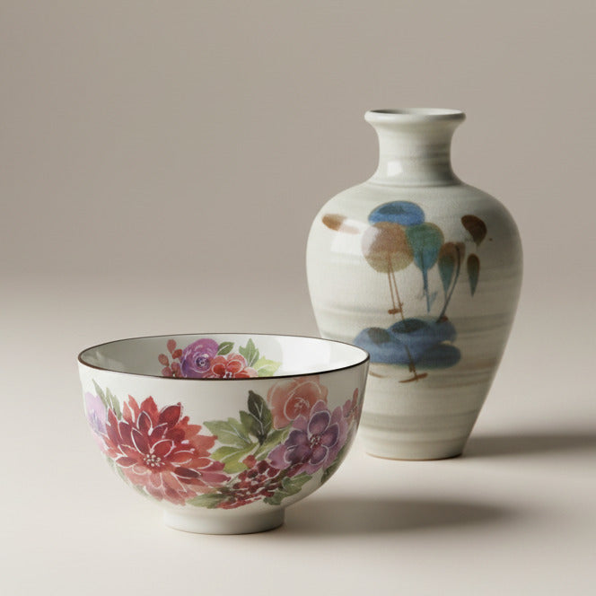 Coffret 5 Bols Floraux — Minoyaki Japon