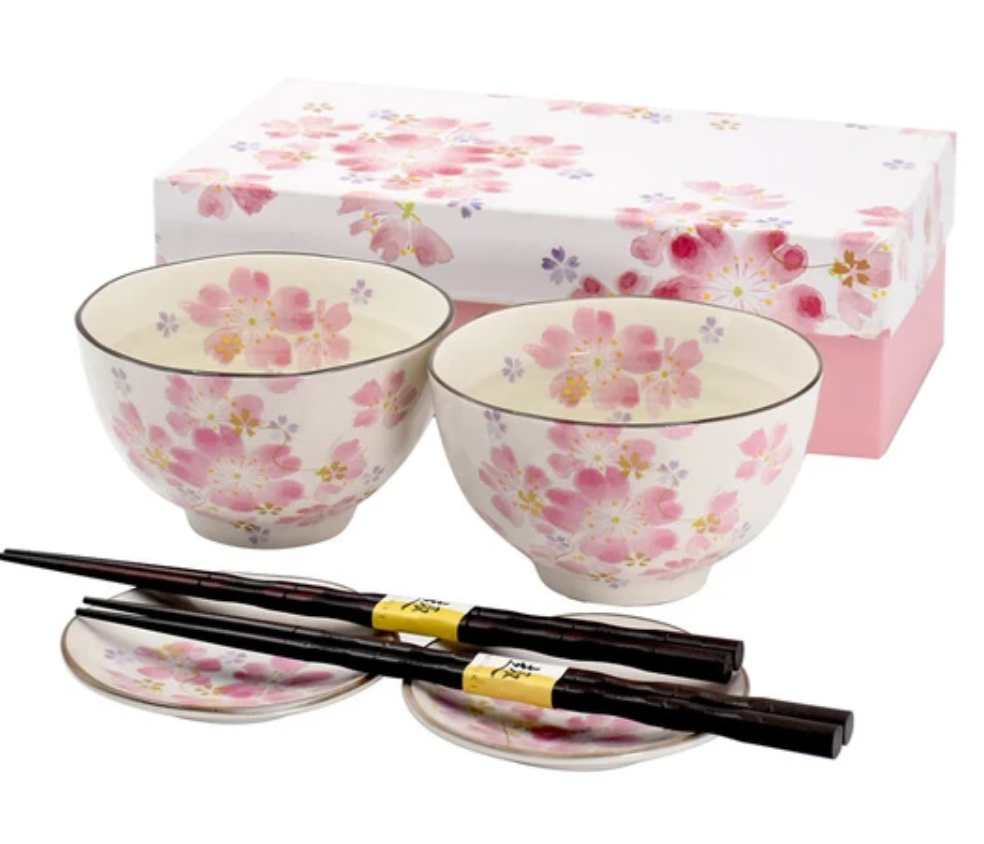 Coffret Duo Sakura — 2 Bols, 2 Mini Assiettes & Baguettes