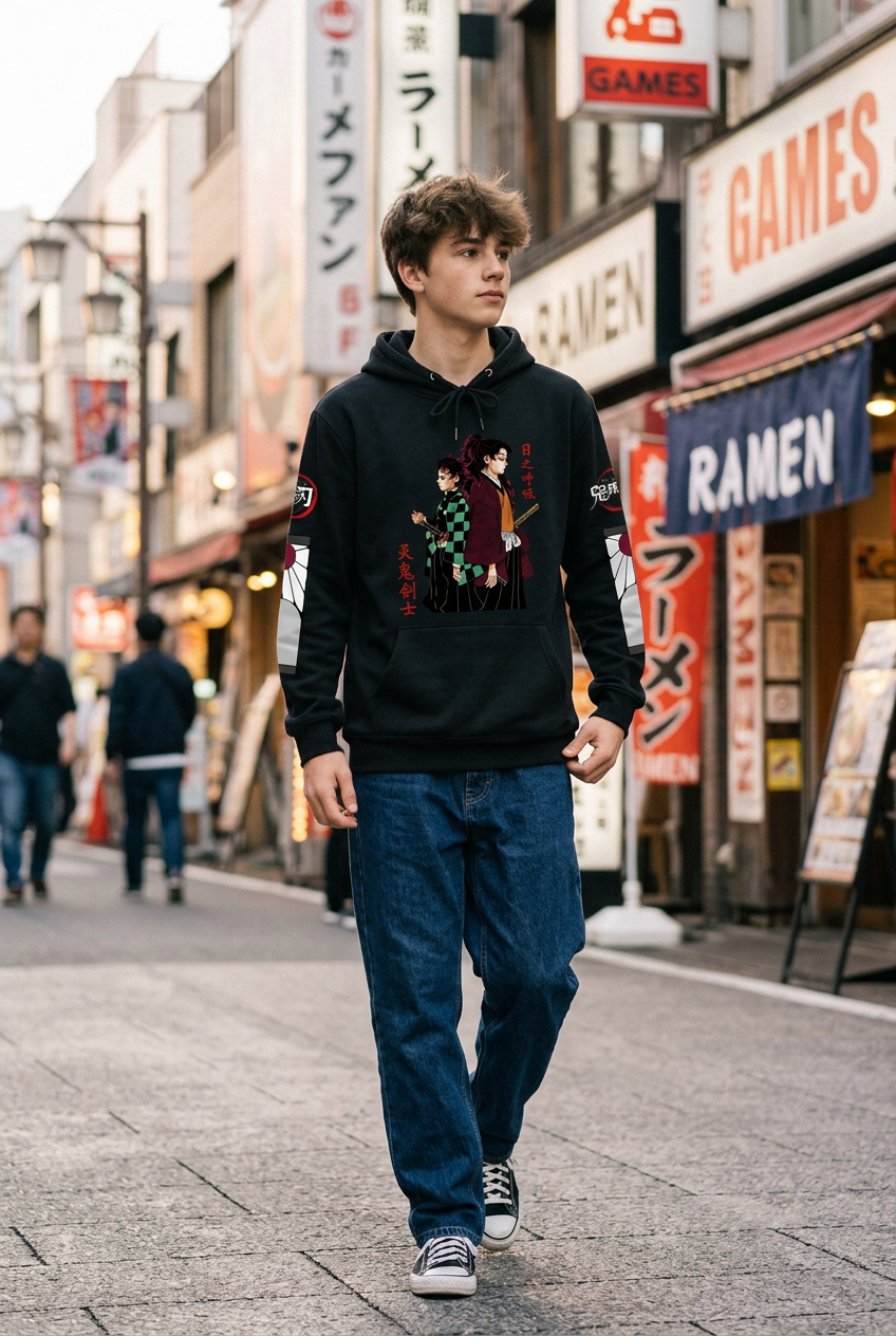 Adolescent portant le sweat Tanjiro et Yoriichi dans une rue à l’ambiance japonaise
