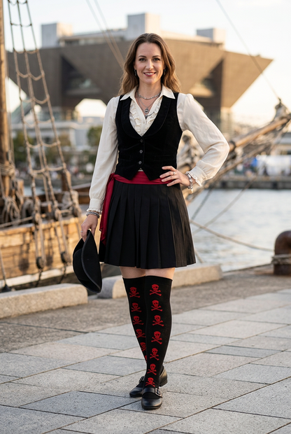Ambiance cosplay pirate avec les chaussettes noires à motifs rouges