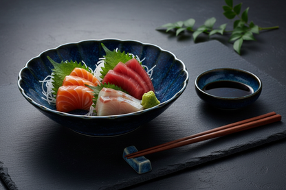 Assiette Creuse Chrysanthème Minoyaki Bleu Nuit – Mise en scène sashimi