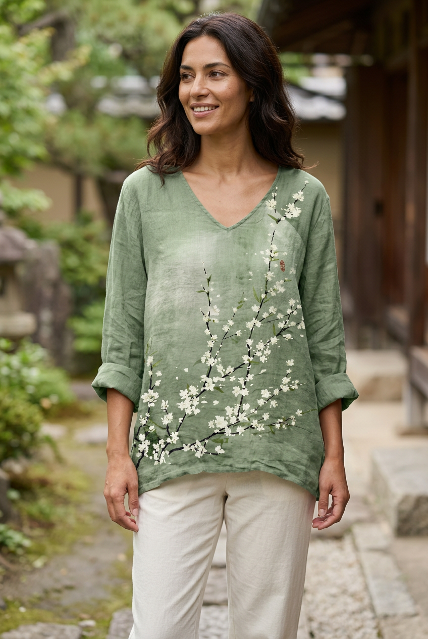 Autre femme brune portant le top vert à fleurs de prunier avec un pantalon écru