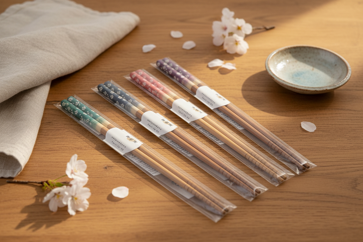 Baguettes bambou sakura - 5 couleurs sur fond bois