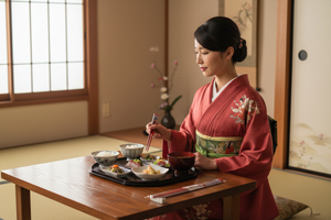Baguettes dame en rouge - femme en kimono devant son repas