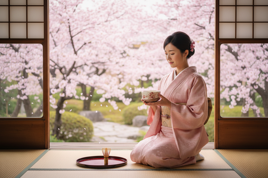 Cérémonie du thé – Dame en kimono avec bol Heianzakura et jardin sakura