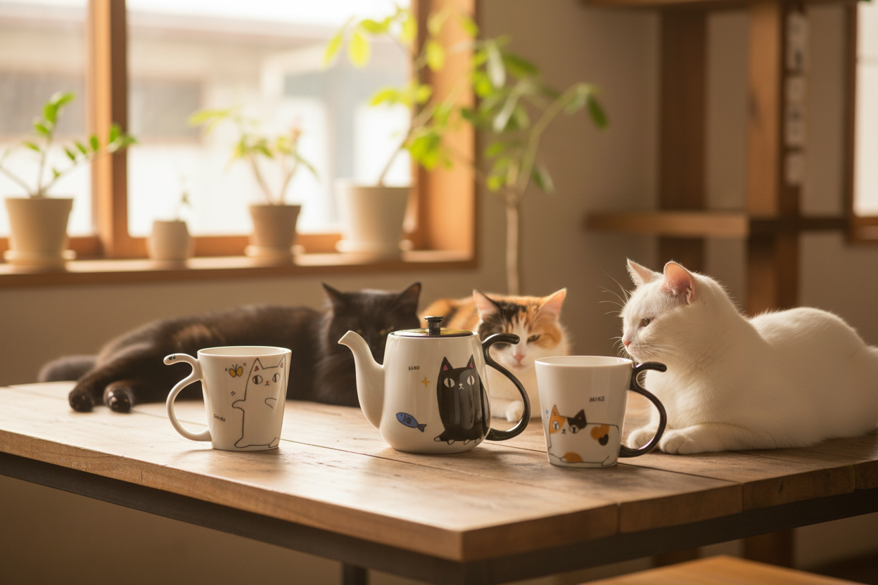 Café japonais avec théière Kuro, mugs Mike & Shiro et leurs chats