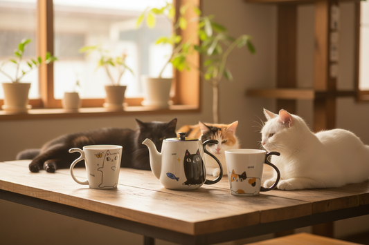Café japonais avec théière Kuro, mugs Mike & Shiro et leurs chats