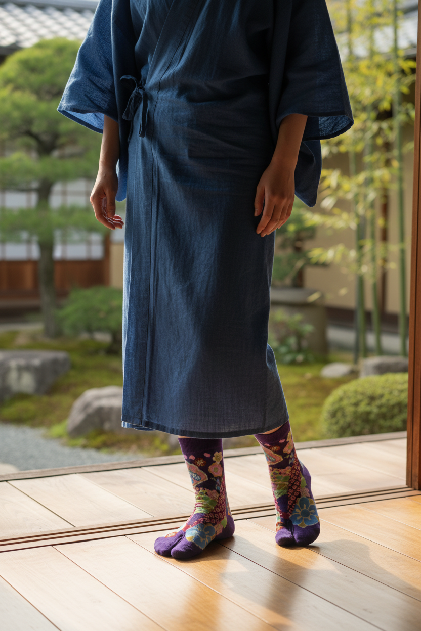 Chaussettes tabi Éventail Mauve portées debout