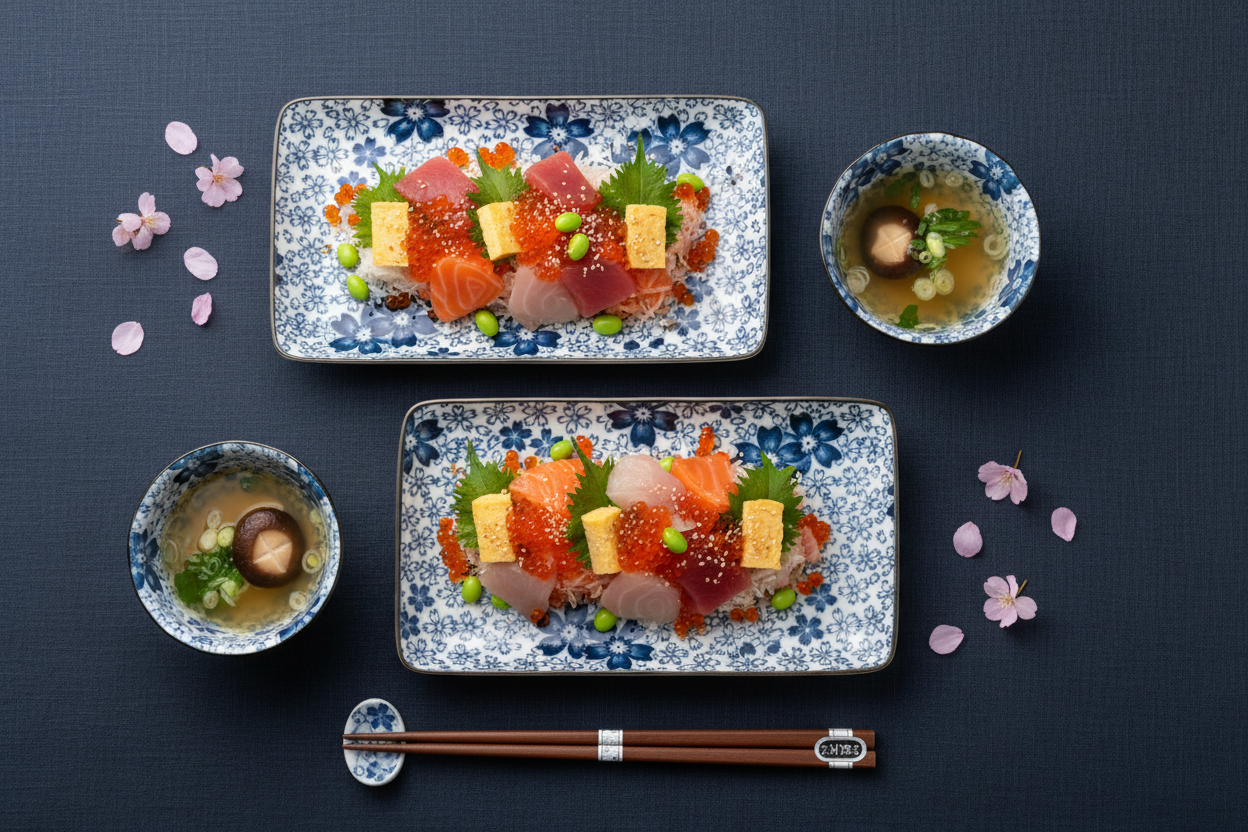 Coffret Cherry Blossom Chirashi – Flat lay chirashi sushi & pétales de sakura