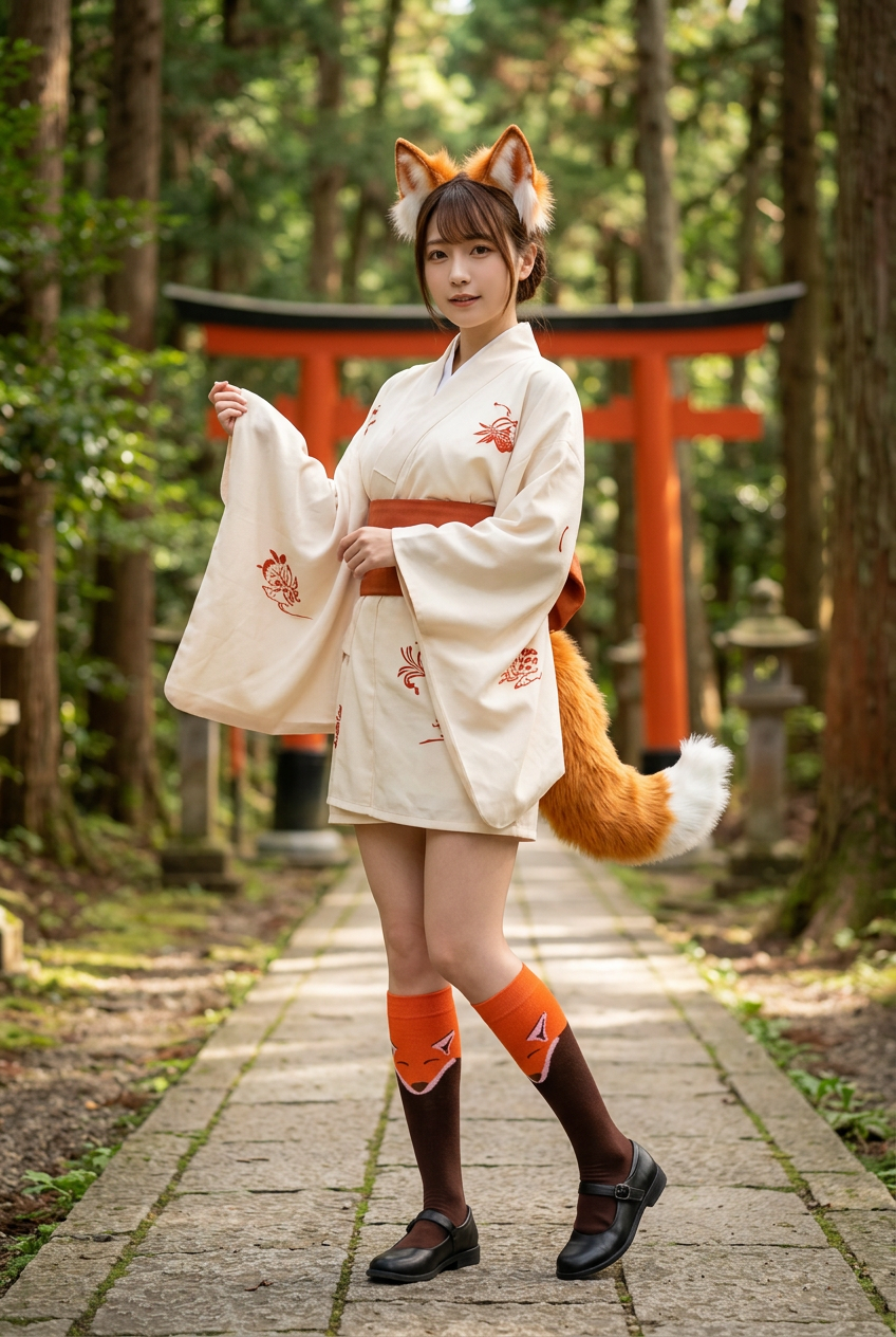 Cosplay renard en kimono court avec les chaussettes Kitsune, devant un torii en forêt