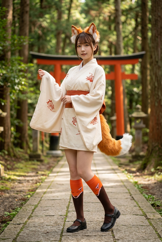 Cosplay renard en kimono court avec les chaussettes Kitsune, devant un torii en forêt
