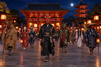 Défilé nocturne de démons japonais, personnages en entier et arrière-plan net
