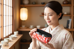 Dame glissant ses lunettes dans l'étui japonais ouvert