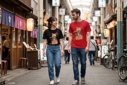 Deux jeunes adultes portant les T-shirts chat samouraï noir et rouge dans une rue japonaise