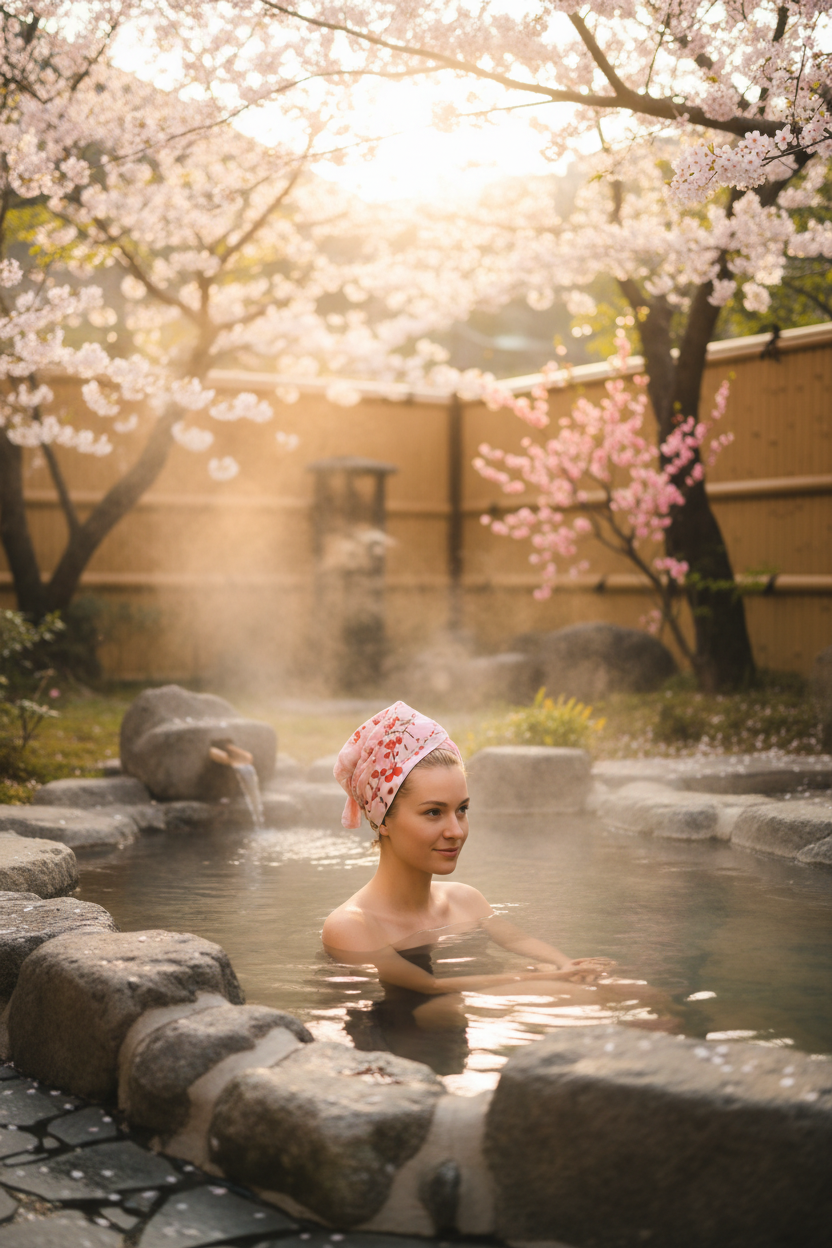 Femme blonde dans onsen avec tenugui sakura