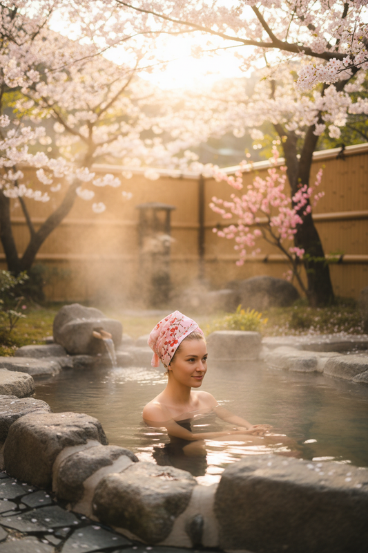 Femme blonde dans onsen avec tenugui sakura