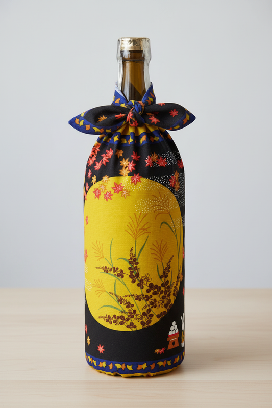 Furoshiki lune et lapins emballant bouteille