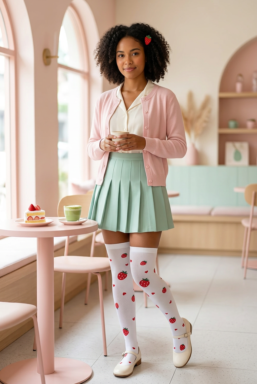 Jeune femme métisse créole portant les bas à fraises dans un café kawaii