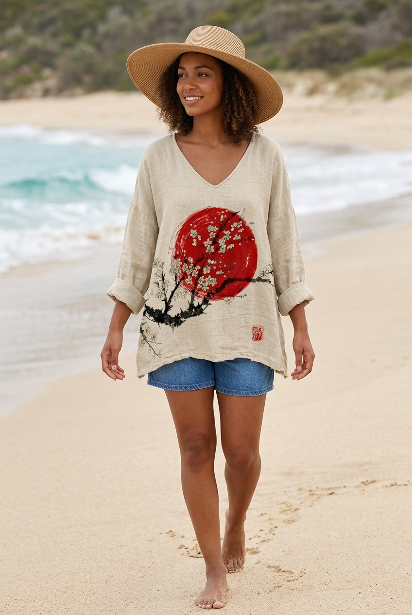 Jeune femme métisse portant le top beige et un short en jean à la plage, avec un grand chapeau de paille