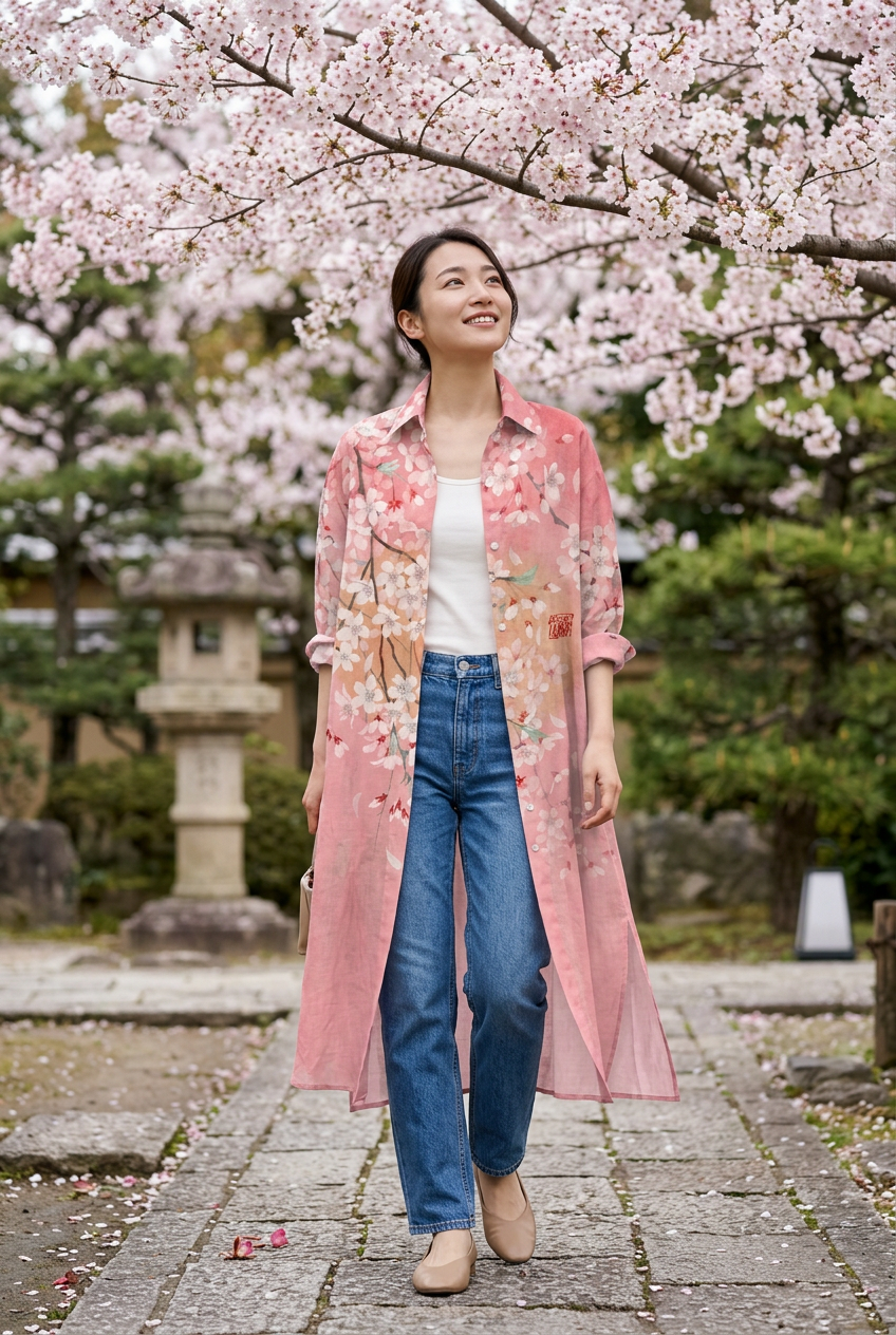 Jeune femme sous un cerisier en fleurs, portant la robe-chemise rose ouverte sur un débardeur blanc et un jean