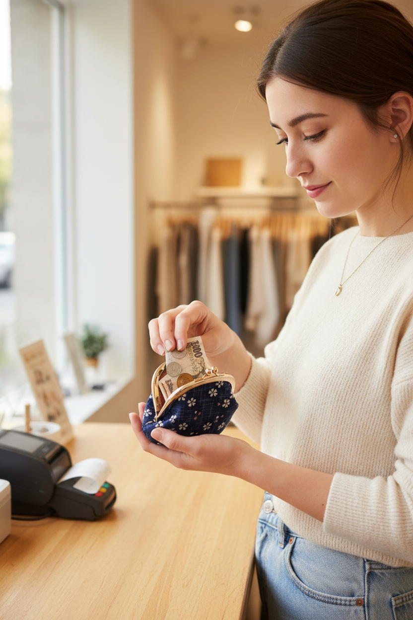 Jeune femme utilisant pochette Gamaguchi pour acheter