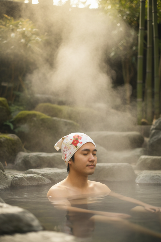 Jeune homme dans onsen avec tenugui camélia