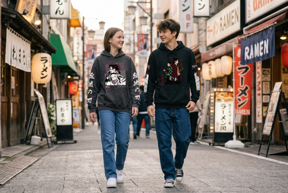 Les deux adolescents portant leurs hoodies manga et marchant ensemble dans une rue japonaise
