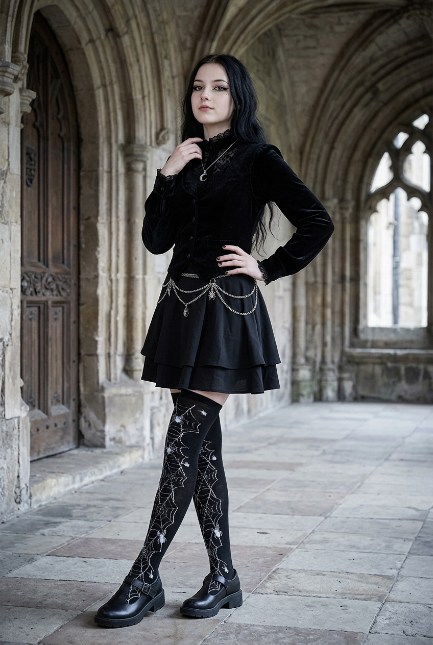 Look gothique avec une pose affirmée et les chaussettes Spider