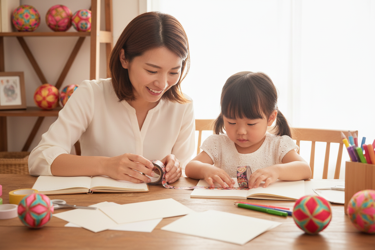 Mère et enfant DIY avec washi tape temari