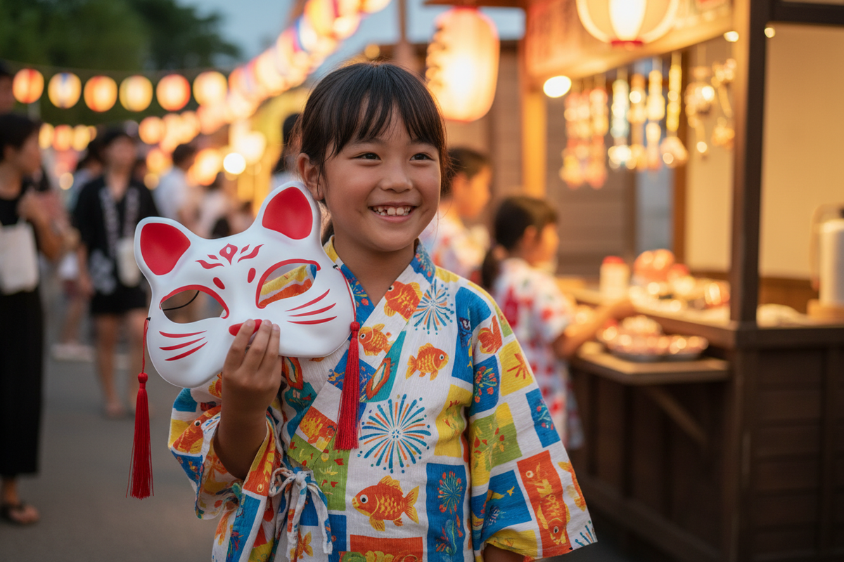 Masque chat blanc rouge - enfant festival matsuri