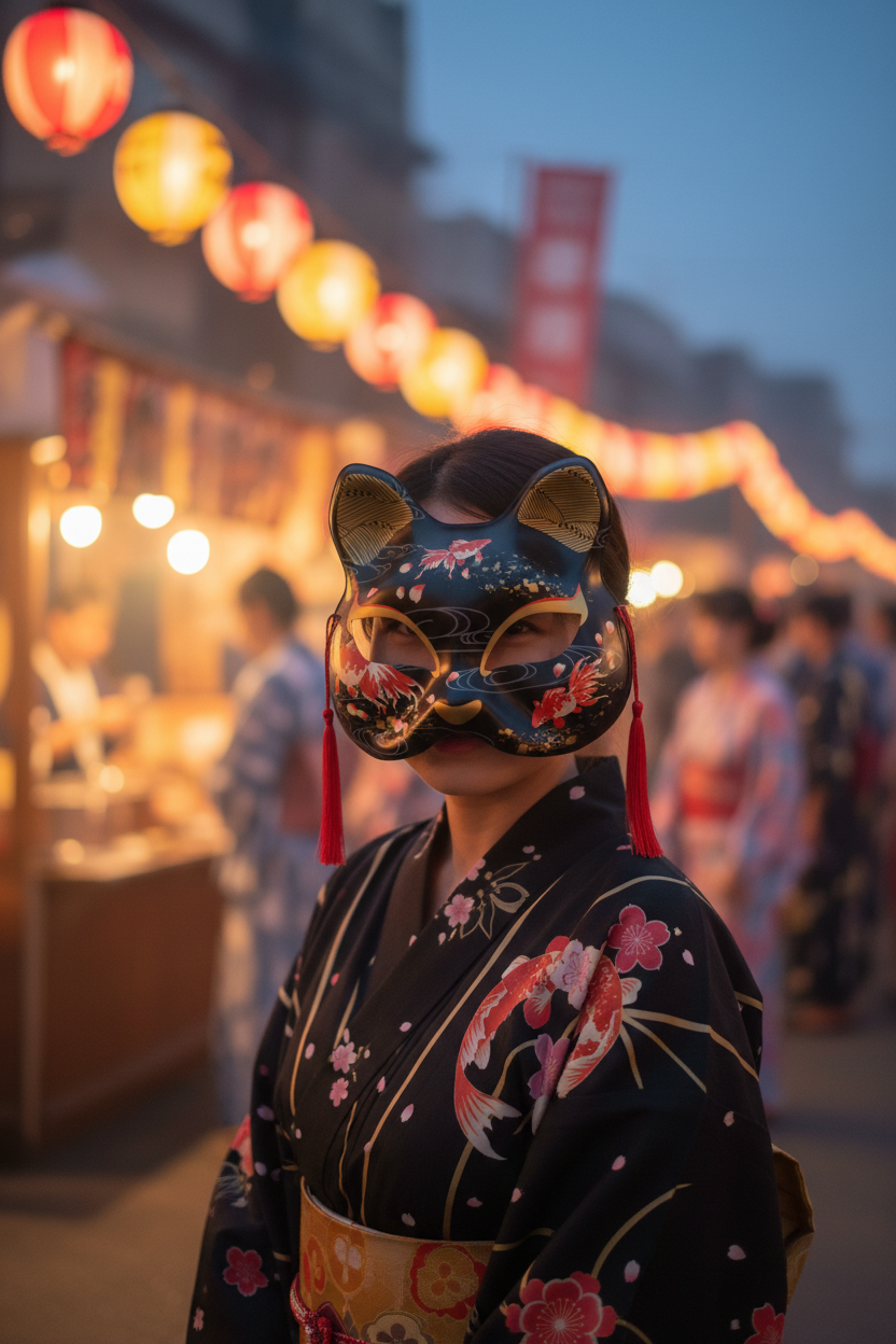Masque chat noir kingyo - festival matsuri élégant