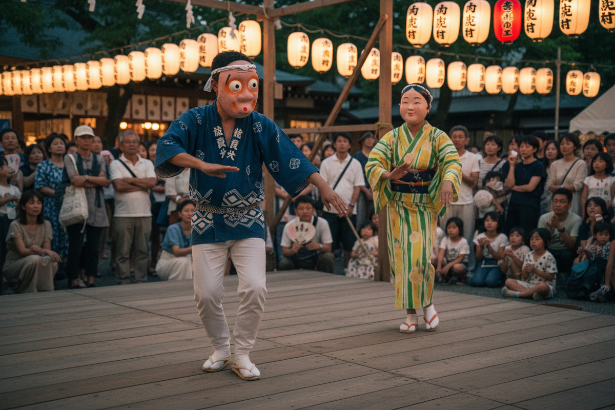 Masque Hyottoko Okame - danse folklorique authentique matsuri