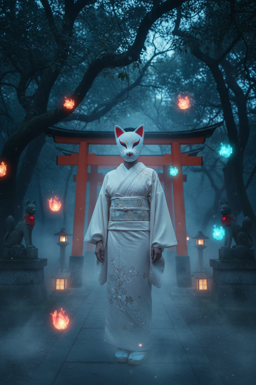 Masque Kitsune blanc - ambiance mystique spirituelle