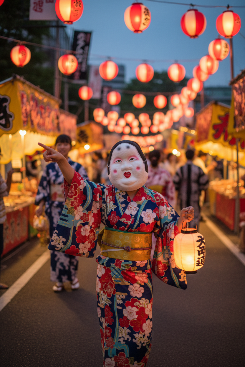 Masque Okame porté - festival matsuri japonais