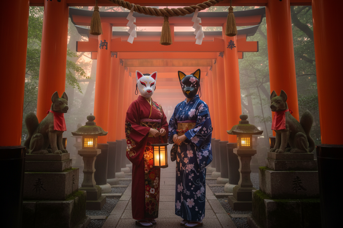 Masques Kitsune blanc et noir - temple Inari