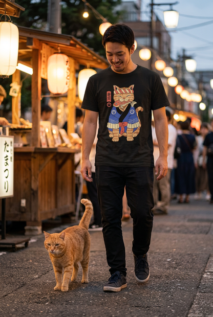 Nouvelle scène au matsuri avec un homme et un chat roux marchant ensemble
