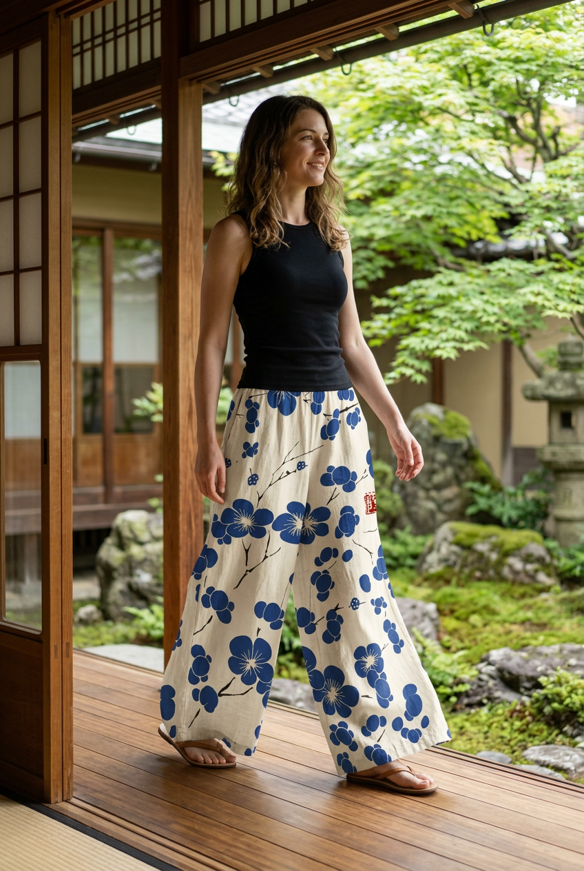 Pantalon beige à fleurs bleues porté sur une terrasse japonaise ouverte sur un jardin