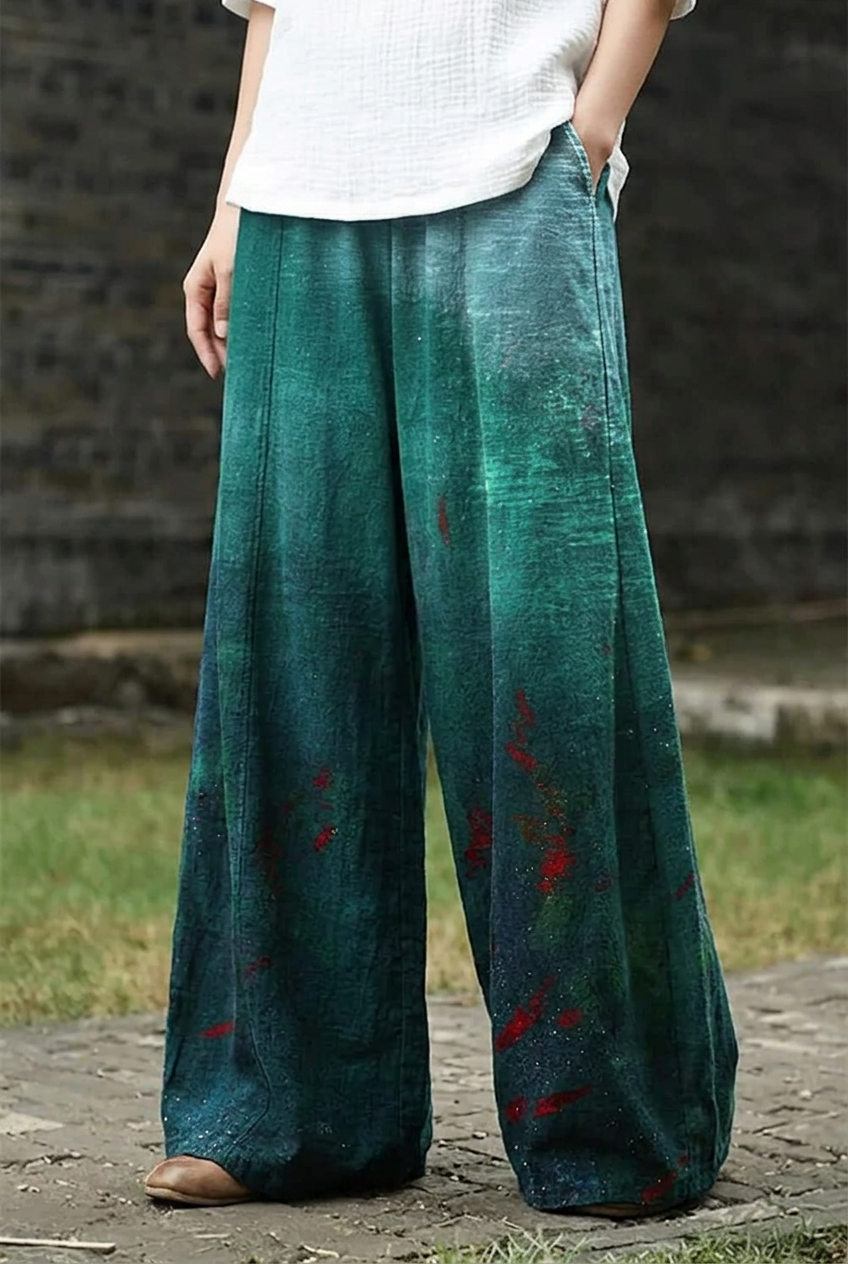 Pantalon bleu-vert avec des jambes droites, larges et souples jusqu’en bas