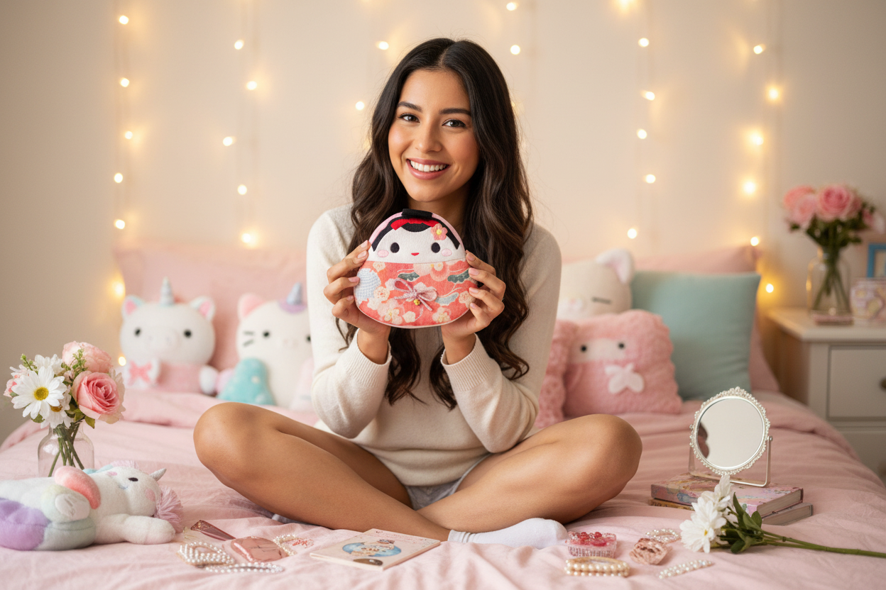 Pochette Kokeshi - Jeune femme souriante chambre girly