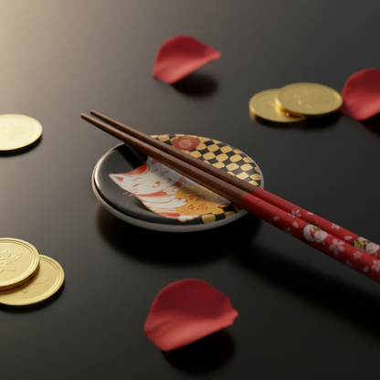 Porte-baguettes Maneki-Neko — mise en scène avec baguettes sakura