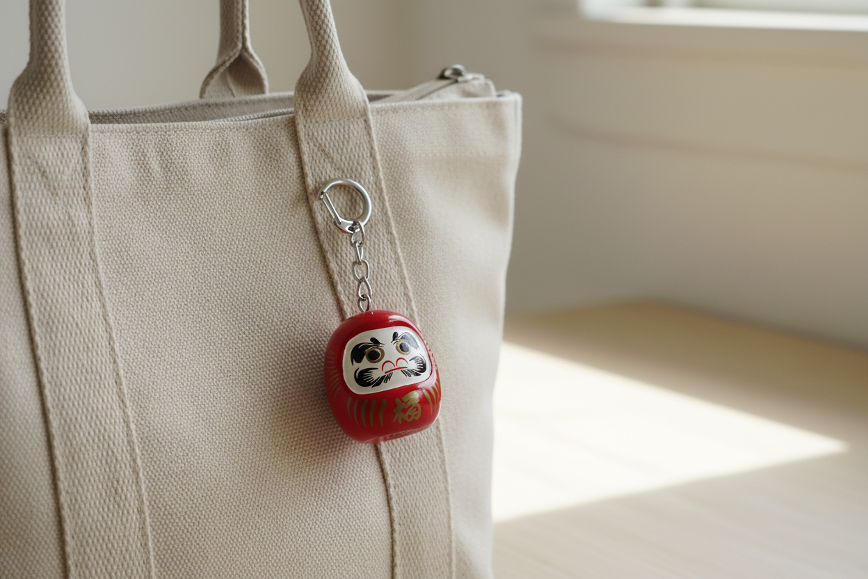 Porte-clés Daruma rouge sur sac