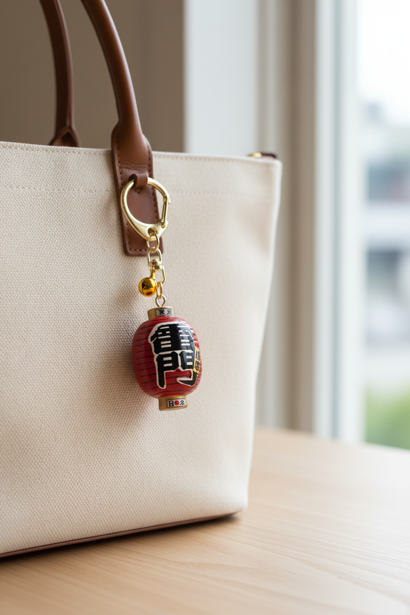 Porte-clés lanterne chochin Tokyo sur sac - proportions réelles